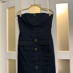 Veronica Beard Dark Denim Strapless Dress with Gold Accents